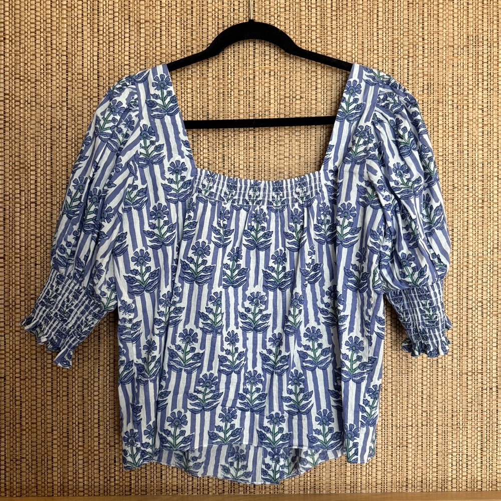 Ophelia & Indigo Mary Top XS Blue Stripe Floral Smocked Puff Sleeve - Picture 5 of 8